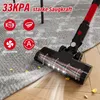 A vacuum cleaner head is shown cleaning a carpet and wooden floor, with scattered yellow debris. Icons and text highlight product features. Produktbild-Vorschau