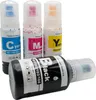 Four bottles of printer ink refill, three standing upright and one lying down. Produktbild-Vorschau