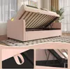 A pink upholstered bed frame with its mattress lifted, revealing storage underneath. Two inset images show details of the bed's lifting mechanism and fabric handle. Produktbild-Vorschau