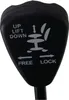 A close-up of a black lever with white text and icons indicating how to adjust a chair. Podgląd zdjęcia produktu