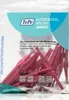 A clear plastic bag containing pink interdental brushes, with branding and product information printed on the bag. Produktbild-Vorschau