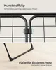 Close-up of a black metal drying rack with text overlays highlighting features. Produktbild-Vorschau