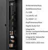 A close-up view of the ports and connection panel on the back of a television, with a list of its features and specifications displayed next to it. Produktbild-Vorschau