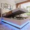 A bedroom scene with a bed that has storage space underneath and LED lighting. Produktbild-Vorschau