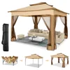 A pop-up gazebo set up with outdoor furniture, and smaller images showing its assembly process. Podgląd zdjęcia produktu