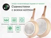Two frying pans with wooden handles are shown from the bottom, with icons indicating compatibility with different stovetops. Produktbild-Vorschau