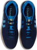 A top-down view of a pair of navy blue Hummel handball sneakers with blue accents and a gum sole. Produktbild-Vorschau