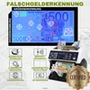 A money counting machine with various detection features illustrated around it, and a banknote under UV light. Produktbild-Vorschau