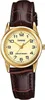 A close-up studio shot of a women's analog wristwatch with a gold-tone case and a cream-colored dial, featuring a brown leather strap. Produktbild-Vorschau