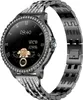 A close-up, studio shot of a smartwatch with a black face and a diamond-studded bezel and band.