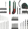 A collection of tools, including drill bits, a utility knife, a tape measure, and a screwdriver set, laid out on a white background. Produktbild-Vorschau