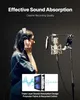 A woman wearing headphones in a recording studio, with a microphone and a diagram illustrating sound absorption. Voir les images du produit