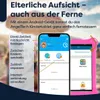 A person's hand is holding a pink tablet case, and a smartphone is displayed next to it, showing a parental control app interface. The background is blurred and appears to be a beach scene. Produktbild-Vorschau