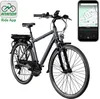 A gray electric trekking bicycle is shown against a white background, with a smartphone displaying a map and ride data positioned to the right. Produktbild-Vorschau