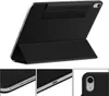 A black tablet case is shown from a slightly elevated rear-facing angle, propped up in a stand configuration. Below the main image are three close-up shots of the tablet case's details: the side with ports and buttons, the side with a charging port, and th Anteprima dell’immagine prodotto