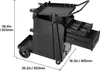 A black metal welding cart with multiple shelves and drawers is shown with dimensions indicated by lines and text. Produktbild-Vorschau