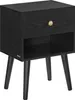A black bedside table with a drawer and an open shelf, standing on four black wooden legs. Produktbild-Vorschau