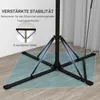 Close-up of the base and support structure of a black, adjustable boxing stand, with German text overlays highlighting its stability features. Podgląd zdjęcia produktu