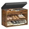 A wooden shoe bench with a padded seat, open to reveal three shelves of shoes and a storage compartment under the seat. Náhled obrázku produktu