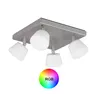 A four-light ceiling spotlight fixture with frosted glass shades, shown against a white background. A circular RGB color spectrum graphic is displayed below the fixture. Produktbild-Vorschau
