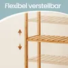 A close-up view of a wooden shelf unit, with text overlay indicating adjustability. Produktbild-Vorschau
