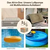 Collage showing an inflatable mattress, an inflatable pillow, an air pump with accessories, a swimming ring, and an inflatable swimming pool. Produktbild-Vorschau