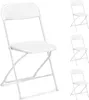 Four white folding chairs are displayed against a white background. One chair is in the foreground, and three are stacked in the background. Podgląd zdjęcia produktu