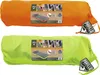 Two rolled-up sleeping mats in their packaging, one orange and one green, with product information labels and logos. Podgląd zdjęcia produktu