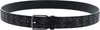 A black belt with a geometric pattern and a silver buckle is shown against a white background. Produktbild-Vorschau