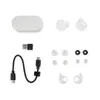 A flat lay of Denon PerL Pro white in-ear headphones and accessories. Produktbild-Vorschau