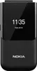 A black Nokia flip phone is shown with its screen displaying the time and date. Produktbild-Vorschau