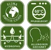 Four green squares with white icons and text, each representing a product feature. Produktbild-Vorschau