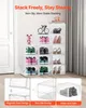 A display of stackable shoe storage boxes filled with various shoes, with text overlays highlighting features. Náhľad obrázku produktu