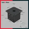 A diagram of a black metal post base with dimensions and screws shown. Náhled obrázku produktu