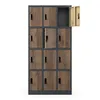 A tall metal locker unit with multiple compartments, some with wood-grain doors and one open compartment with a tan door. Anteprima dell’immagine prodotto