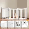 A white wooden dog gate with a corgi inside, shown in a room. Four smaller inset images highlight product features. Podgląd zdjęcia produktu