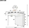 A diagram of a white corner vanity table with dimensions labeled. Podgląd zdjęcia produktu