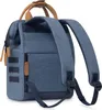 The back view of a blue backpack with brown accents. Produktbild-Vorschau