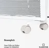 Close-up of the base of a white electric heater with wheels, showing its mobility feature. Produktbild-Vorschau