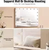 Collage showing wall mounting and desktop bracket mounting options for a mirror. Voir les images du produit