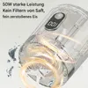 A close-up of a clear electric juicer with ice shards and swirling liquid effects, highlighting its power and ability to crush ice. Produktbild-Vorschau