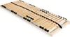 A wooden bed slatted base with black plastic holders for the slats, shown from a diagonal angle on a white background. Produktbild-Vorschau