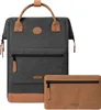 A dark gray backpack with brown leather accents and a matching brown pouch. Anteprima dell’immagine prodotto