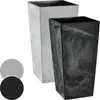 Two tall, square planters with a marbled texture, one light gray and one dark gray/black, are shown against a white background. Three colored circles (light gray, medium gray, and black) are displayed in the lower left corner, likely representing color opt Produktbild-Vorschau