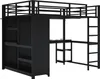 A black metal loft bed with a desk and storage. Produktbild-Vorschau