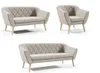 A collage of three beige upholstered furniture pieces, including a two-seater sofa, an armchair, and a longer three-seater sofa, all featuring diamond tufting and light wooden legs, presented on a white background. Náhľad obrázku produktu