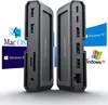 Two docking stations are shown side-by-side, with operating system logos in the background. Produktbild-Vorschau