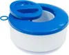 A blue and white pool chemical dispenser with its lid slightly ajar. Produktbild-Vorschau