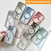 A collection of colorful phone cases with magnetic rings for MagSafe compatibility, displayed on a white and light gray background. Produktbild-Vorschau