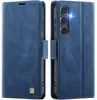 A blue leather flip case for a smartphone is shown from two angles. Produktbild-Vorschau